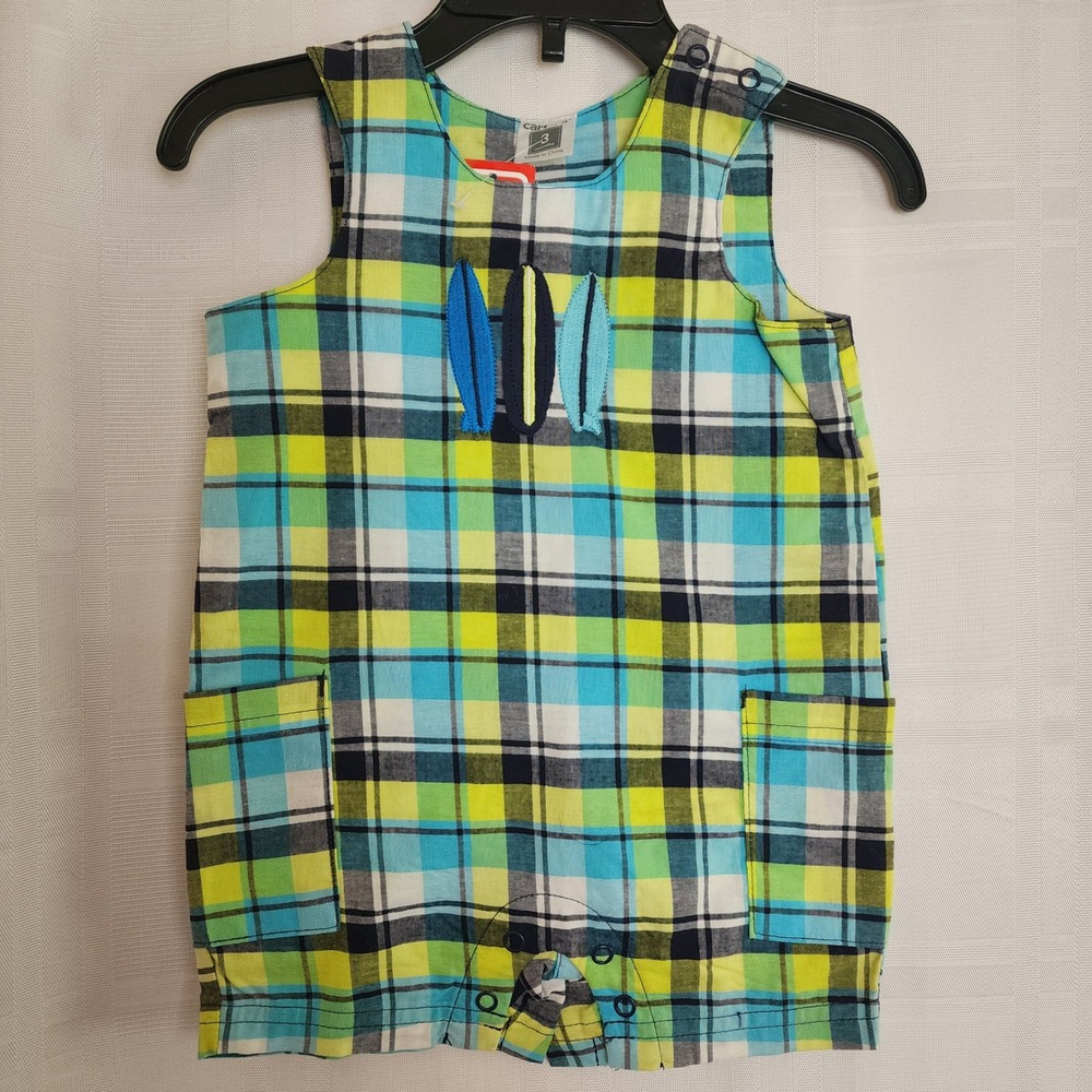 Carters Plaid Surfboard Romper‎ Sleeveless Pockets Summer Outfit 3 Months